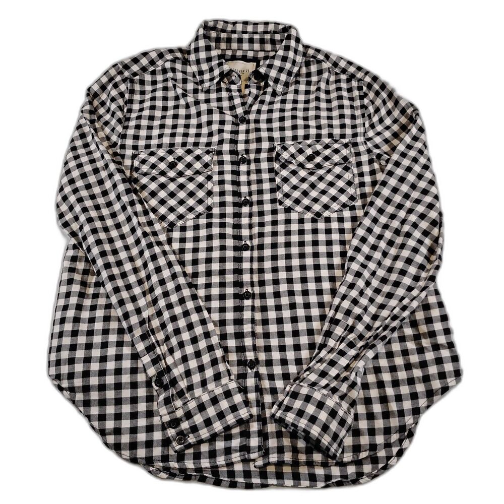 Forever 21 Women's Flannel Plaid Casual Button Down Top Size Small Black White